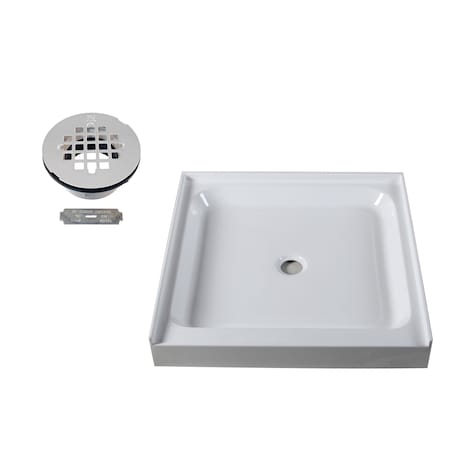 Westbrass Shower Pan 36 x 36 3-Wall W/ Center Plastic  Drain W/ Modern Cross Grid in Powder Coat White HPG3636WHP-50